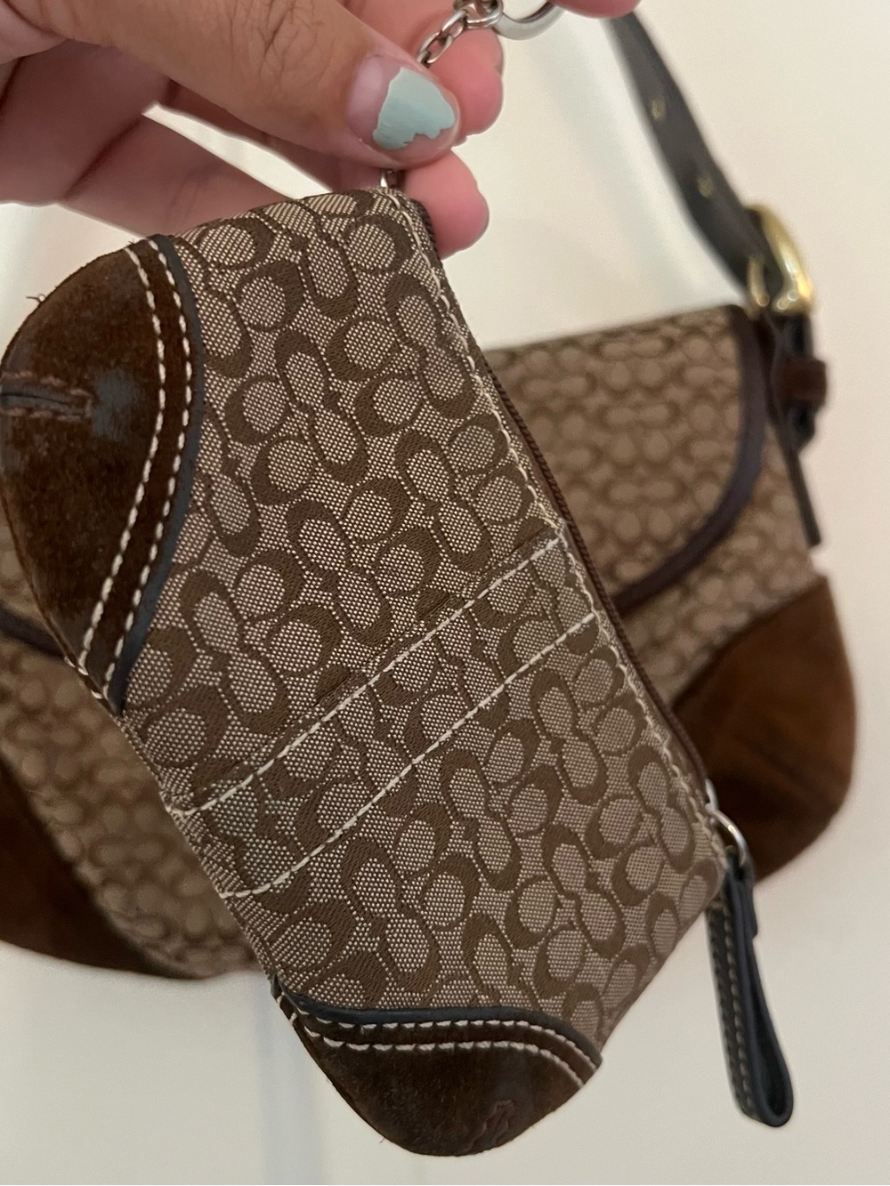 Coach Vtg Soho Mini‎ Signature Coin Purse in Brown Suede Chocolate Jaquard Mini